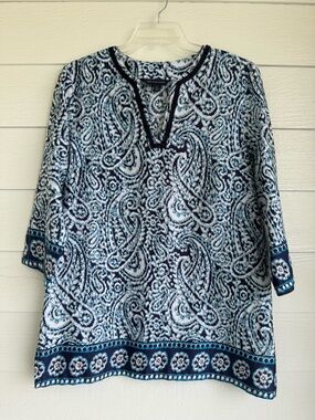 Brooks Brothers Lightweight 100% Cotton Navy & White Paisley Tunic Top Size XL